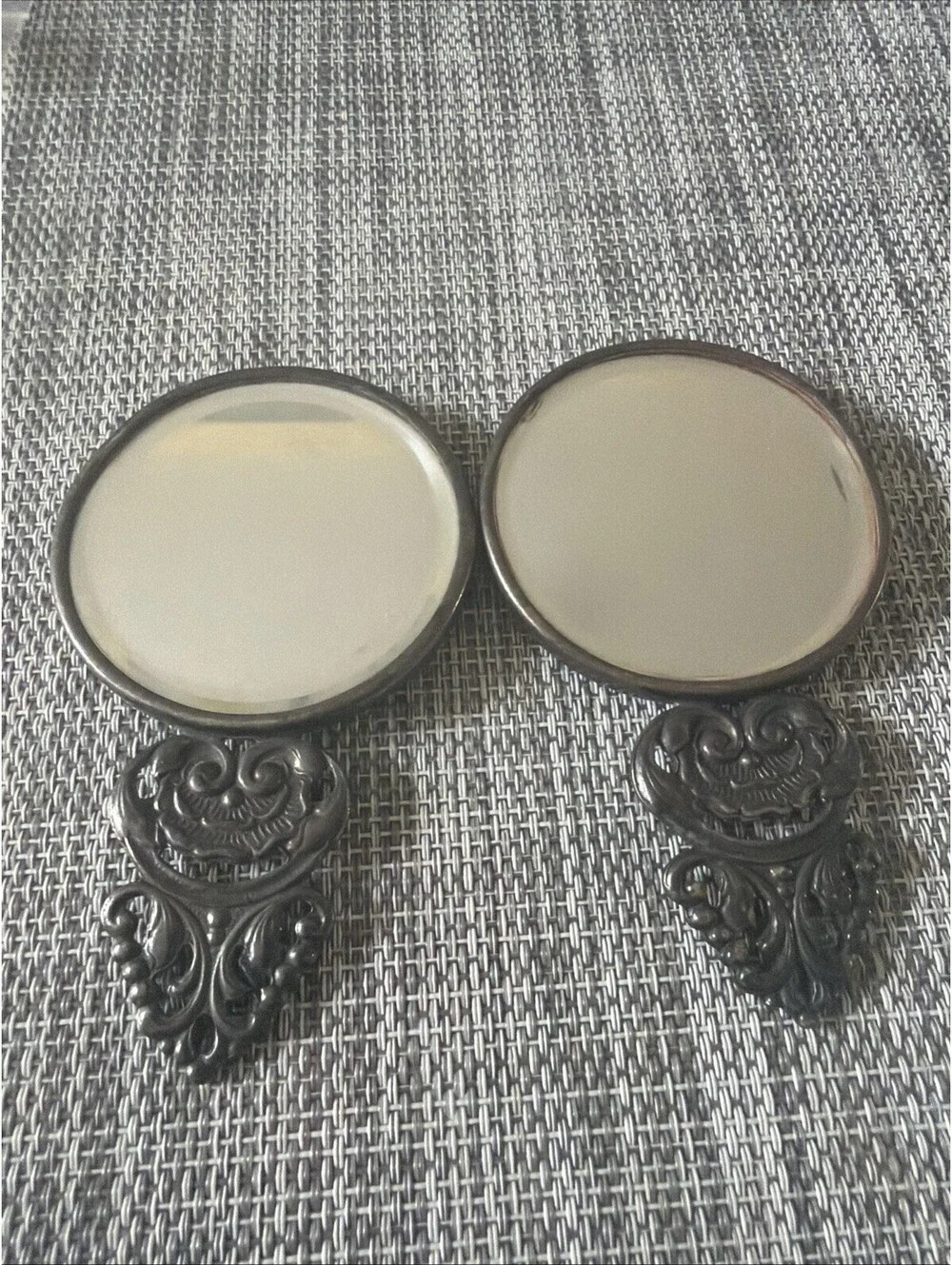 2 Vintage Hans Jensen Pocket Mirror Repousse Denmark Antiqued Silver Tone